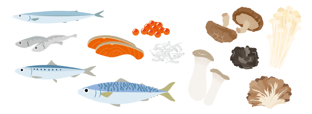 ビタミンD:魚やキノコなどの食品から摂取
