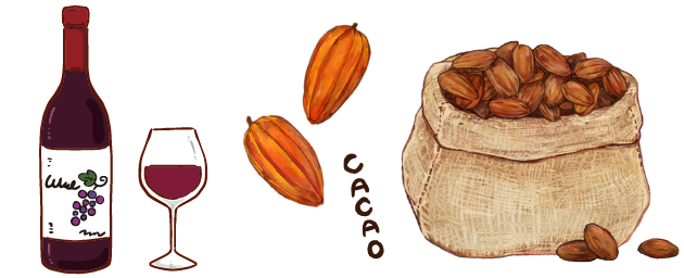 ポリフェノール：ワインやカカオ